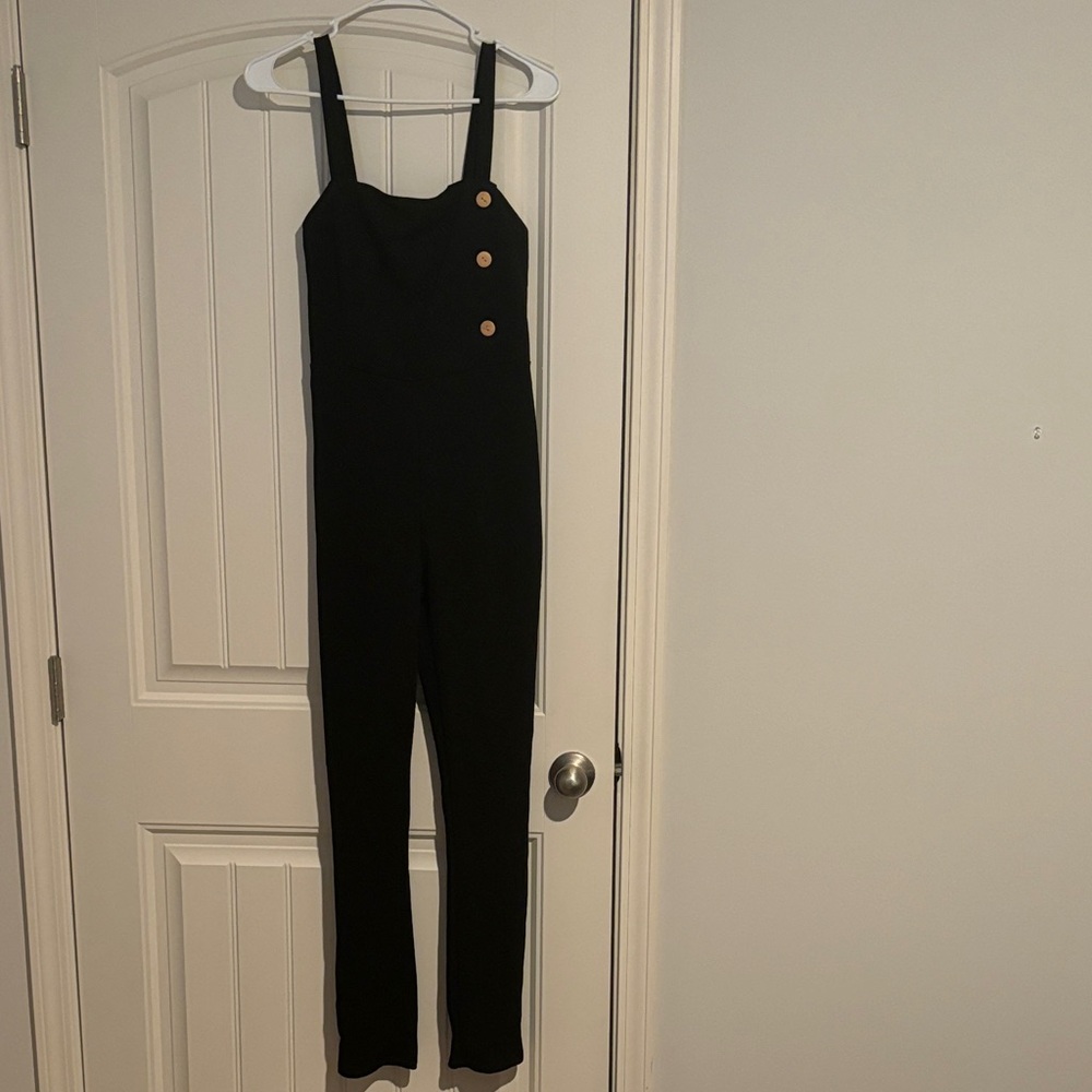 French Atmosphere Black Jumpsuit with Button Accents